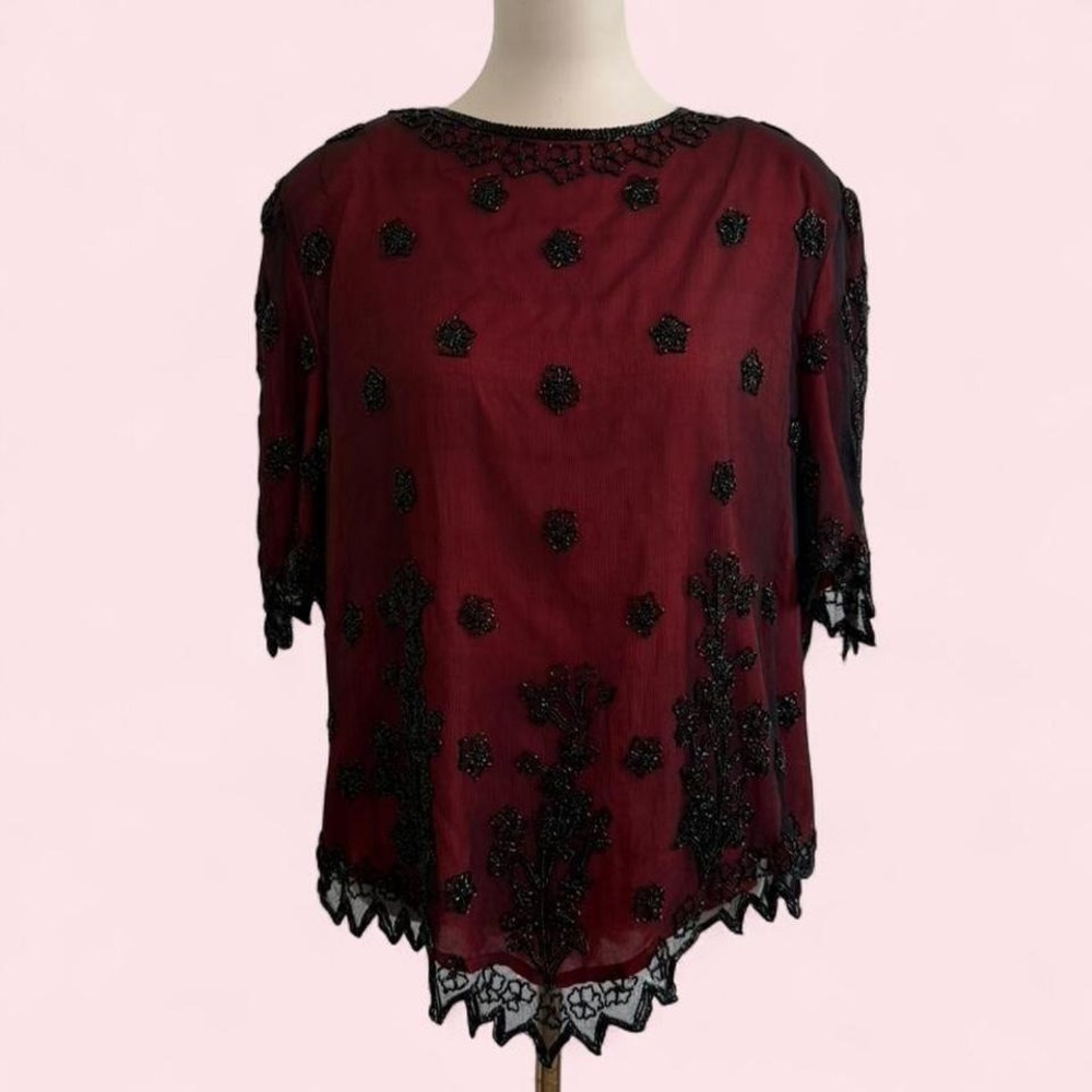 Vintage 100% Silk Burgundy Beaded Sheer Blouse‎ — Size 3X